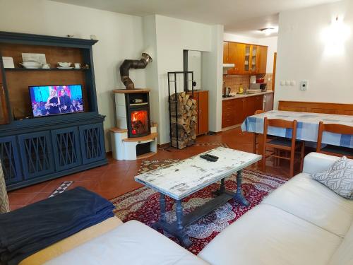 uma sala de estar com um sofá, uma televisão e uma mesa em Rogla Apartma Kekec em Vitanje