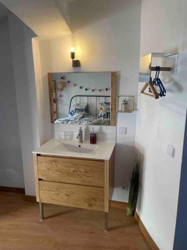 une salle de bain avec un lavabo et un miroir dans l'établissement Maisonnette à deux pas de la plage., à Collioure