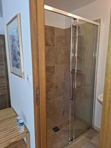 a shower with a glass door in a bathroom at La nouvelle vie en Quercy in Montaigu-de-Quercy