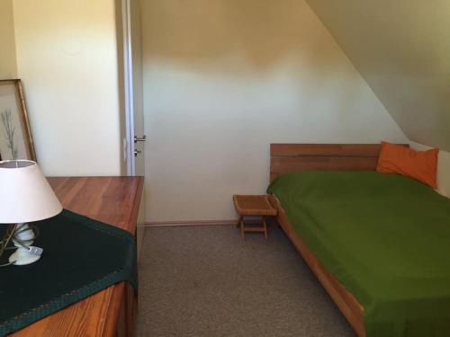 a bedroom with a green bed and a chair at Haus KAIROS in Spittal an der Drau