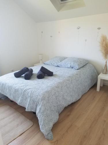 a bedroom with a bed with a blue blanket at Gîte le Charmot, au pied des montagnes classé 3* in Roderen