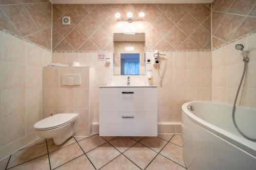 a bathroom with a toilet and a sink and a tub at Apartament Gromada Babimojska in Poznań