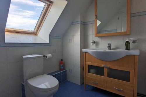 une salle de bain avec un lavabo et des toilettes et une fenêtre dans l'établissement Détente et nature, maison cosy pour 2, à Fay