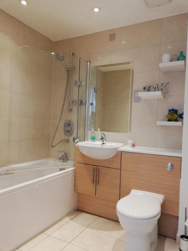 een badkamer met een toilet, een wastafel en een douche bij Apartment in Newbury Parkway Centre in Newbury