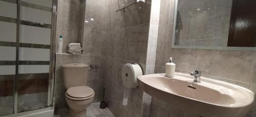 a bathroom with a sink and a toilet and a shower at Hostal Happystay in Valencia