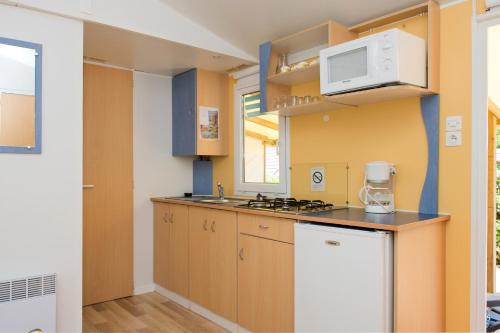 a small kitchen with a microwave and a stove at Parc du Charouzech in Salles-Curan