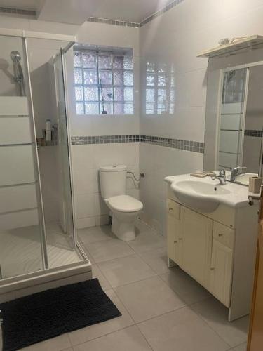 une salle de bain avec toilettes, douche et lavabo dans l'établissement L5 - villiers-le-bel proche Aéroport ROISSY CHARLES DE GAULLES & PARIS, à Villiers-le-Bel