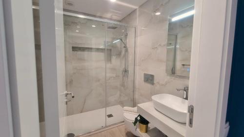 uma casa de banho com um chuveiro, um WC e um lavatório. em Afonso Galo Guest Apartments IV em Almada