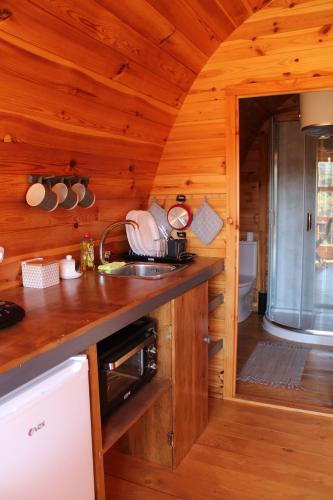 eine Küche mit einem Waschbecken in einer Holzhütte in der Unterkunft Quinta da Devesa -B2 in Vinhais