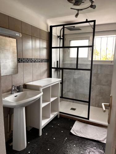 y baño con lavabo y ducha. en Appartement T3 indépendant, calme à Ustaritz, en Ustaritz