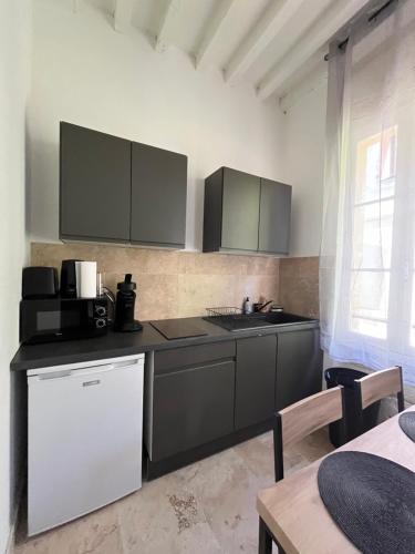 une cuisine avec un évier et un plan de travail dans l'établissement Le cocon de la Roquette, à Arles