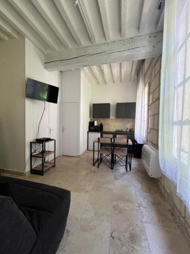 un salon avec un canapé et une table dans l'établissement Le cocon de la Roquette, à Arles