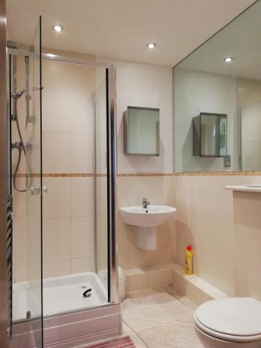 uma casa de banho com um chuveiro, um WC e um lavatório. em Pelican House is an exclusive contemporary development em Newbury