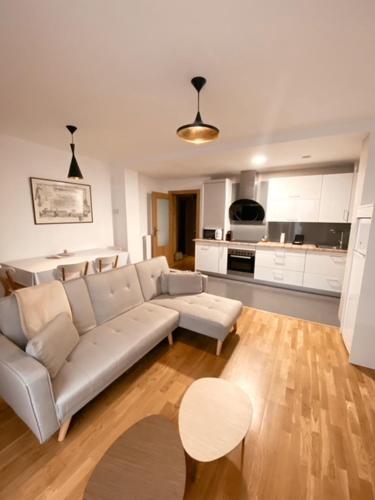 a living room with a couch and a table and a kitchen at Apartamentos Laurel in Logroño