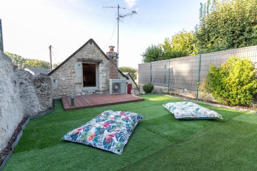 - deux oreillers sur l'herbe dans une arrière-cour dans l'établissement « La Grrr'Authentique » - Maison Troglodyte Unique, à Amboise