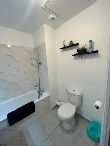 a bathroom with a toilet and a shower and a tub at Disneyland Paris Familly Appart - 7 minutes Disney - Parking - Netflix - Wifi - BILLET DISNEY 80 euros in Chessy