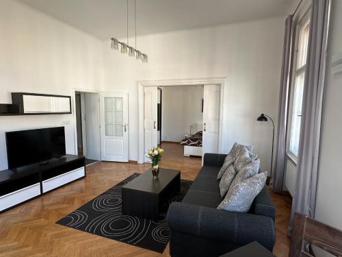 a living room with a couch and a tv at Villa Wingolf in Karlovy Vary