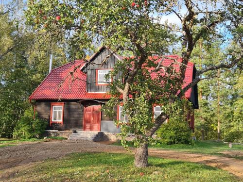 een huis met een rood dak en een boom bij Zirgu sēta "Klajumi" - Horse ranch "Klajumi" in Kaplava