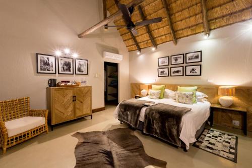 a bedroom with a bed and a chair in a room at Elephant Rock Private Safari Lodge in Ladysmith