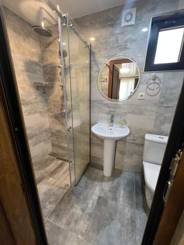 ein Bad mit einer Dusche, einem Waschbecken und einem Spiegel in der Unterkunft villa with beautiful view 4 in Tbilisi City