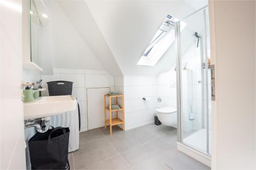 une salle de bain avec douche, lavabo et toilettes dans l'établissement A Hidden Gem in the Heart of Koblenz, à Coblence