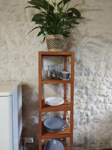 une étagère en bois avec des plaques et une plante en pot dans l'établissement Cottage chaleureux au calme, à Salles-de-Barbezieux