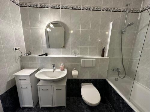 a bathroom with a sink and a toilet and a shower at Gemütliche FeWo mit Balkon nahe der Ostsee - 2 Schlafzimmer in Wischuer