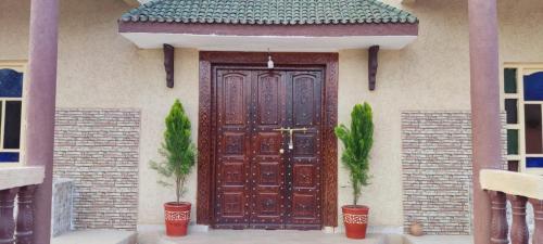 une porte en bois d'une maison avec deux plantes en pot dans l'établissement Villa, à Marrakech