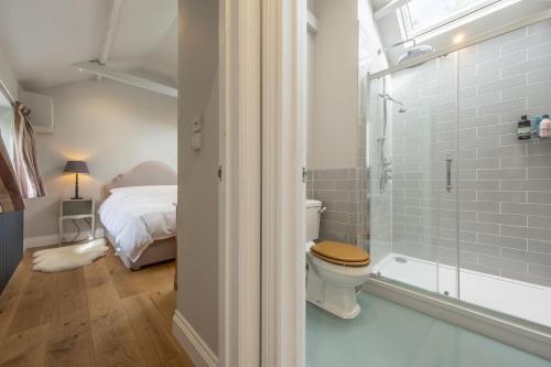 a bathroom with a toilet and a shower and a bed at Weavers Mark Cottage in Diss