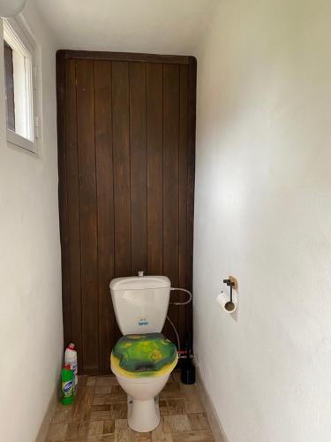 een badkamer met een toilet en een houten deur bij Chata na Hadině - 30m od vody in Humpolec