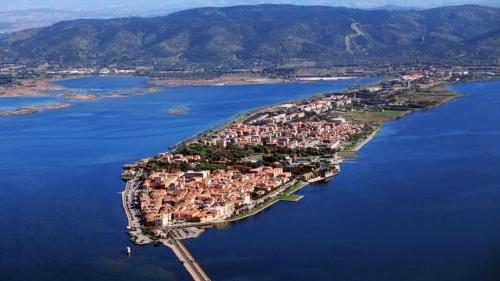 an aerial view of a small island in the water at Park Hotel Residence in Orbetello