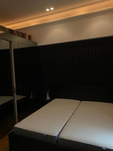 1 dormitorio con 2 camas en una habitación oscura en Clark Residence, en Budapest