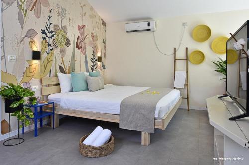 a small room with a bed and a tv at Suites Luka in Had Nes