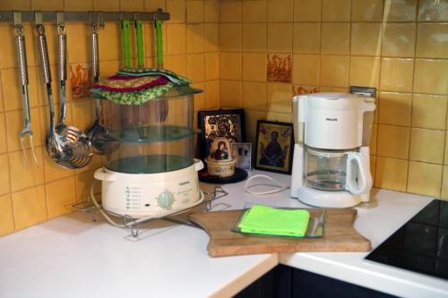 a kitchen counter with a coffee maker and a blender at House with sea breeze-Anemelia in Nafplio