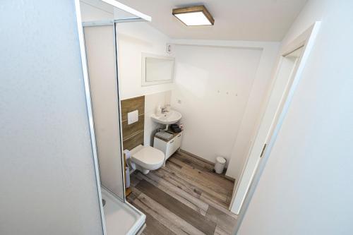 a small bathroom with a toilet and a sink at Happy -Apartments in Magdeburg