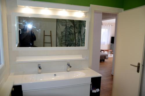 eine Person, die ein Foto von einem Waschbecken im Badezimmer macht in der Unterkunft CHARMANT APPARTEMENT en BRETAGNE, PROCHE La BAULE et GRANDE PLAGE, 4 ETOILES in Batz-sur-Mer