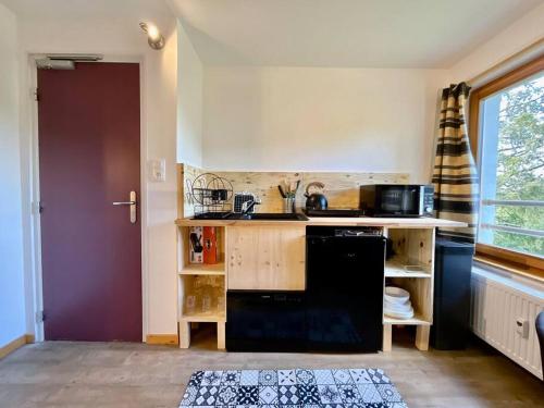 - une cuisine avec un lave-vaisselle noir à côté d'un comptoir dans l'établissement Le Petit Loup, appartement neuf avec jardin, à Gerbépal