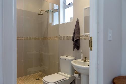 a bathroom with a toilet and a sink and a shower at Paradise Views Vacation Home in Cape Town