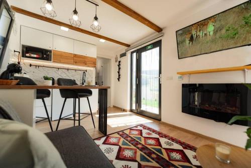 a kitchen and living room with a counter and a fireplace at Cozy Cube - tiny house 