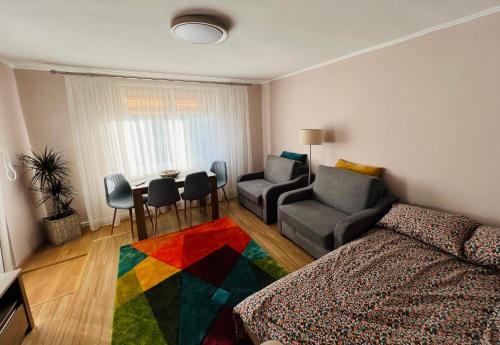ein Wohnzimmer mit einem Sofa und einem bunten Teppich in der Unterkunft STUDIO62 in Câmpulung Moldovenesc