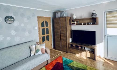 Una sala de estar con un sofá y un televisor de pantalla plana. en STUDIO62, en Câmpulung Moldovenesc