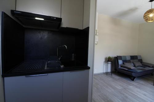 a kitchen with a sink and a couch in a room at La Dolce Vita in Évian-les-Bains