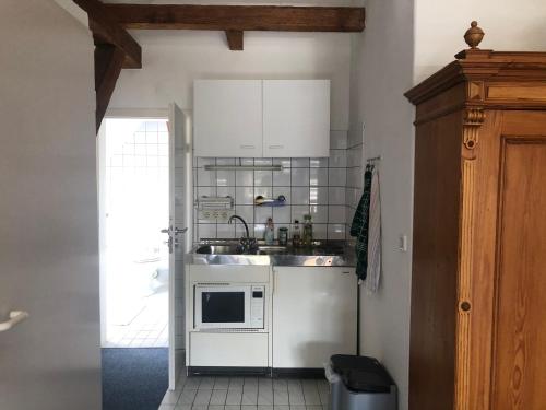 eine Küche mit einer Spüle und einer Mikrowelle in der Unterkunft Stilvolles Apartment im grünen Münsterland 