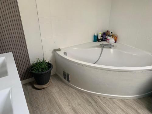 a white bath tub in a bathroom with a plant at JOUANNEAU in Le Mans