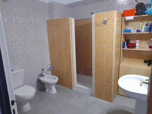 un bagno con doccia, WC e lavandino di Casa Mis Abuelos a Priego de Córdoba