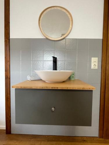 a bathroom with a sink and a mirror on a counter at Holiday Home Landhaus Klara by Interhome in Eisenbach