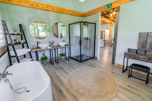 a bathroom with a shower and a toilet and a sink at Fagoaga dorretxea in Ergoyen