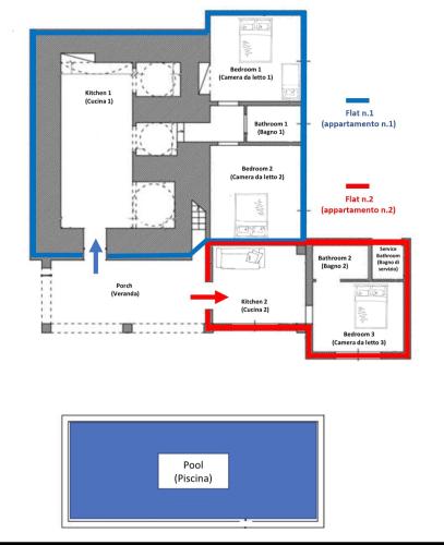 a floor plan of a house with a red line going through it at Villa Kalorama-private pool & Hot Tub in San Vito dei Normanni