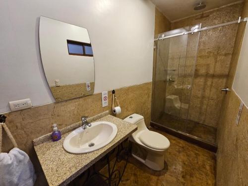 uma casa de banho com um lavatório, um WC e um espelho. em Hotel Posada de María em Cuenca
