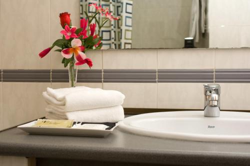 a bathroom sink with a vase of flowers and towels at Hotel Avenida Benasque in Benasque